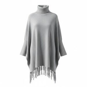 VOY Poncho Sweater Womens Medium Silver Good Fringe Turtleneck Metallic Shimmer